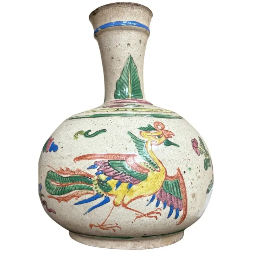 Chinese Phoenix Bottle Vase Crackle Glaze Famille Rose Style Floral Vtg Decor
